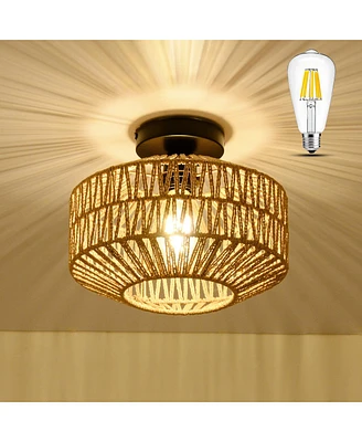 Simplie Fun Mini Rattan Flush Mount Light With Dimmable Led Bulb