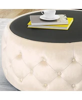 Modern Glam Velvet Ottoman with Button-Tufted Stitch and Glass Top