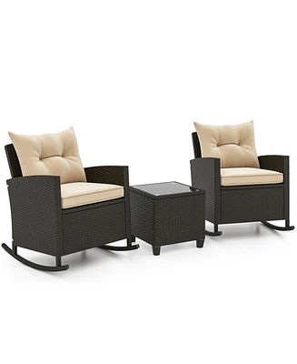 Slickblue Patio Rattan Roker Chairs with Tempered Glass Table and Soft Cushions for Backyard Poolside Porch-Beige