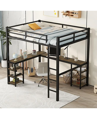 Simplie Fun Full Metal Loft Bed with Desk and Shelves, Loft Bed with Ladder and Guardrails, Loft Bed Frame for Bedroom, Black with Vintage wood