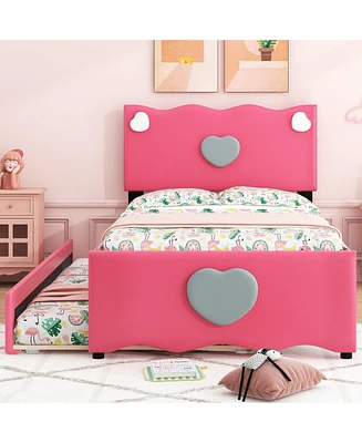 Simplie Fun Twin Size Upholstered Platform Bed with Trundle and Heart Shaped Decoration, Dark Pink