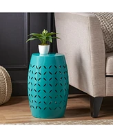 Modern Barrel-Cut Iron Accent Table with Chic Floral Motif
