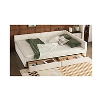 Simplie Fun Queen Size Upholstered Platform Bed with Usb and 2 Drawers, Beige