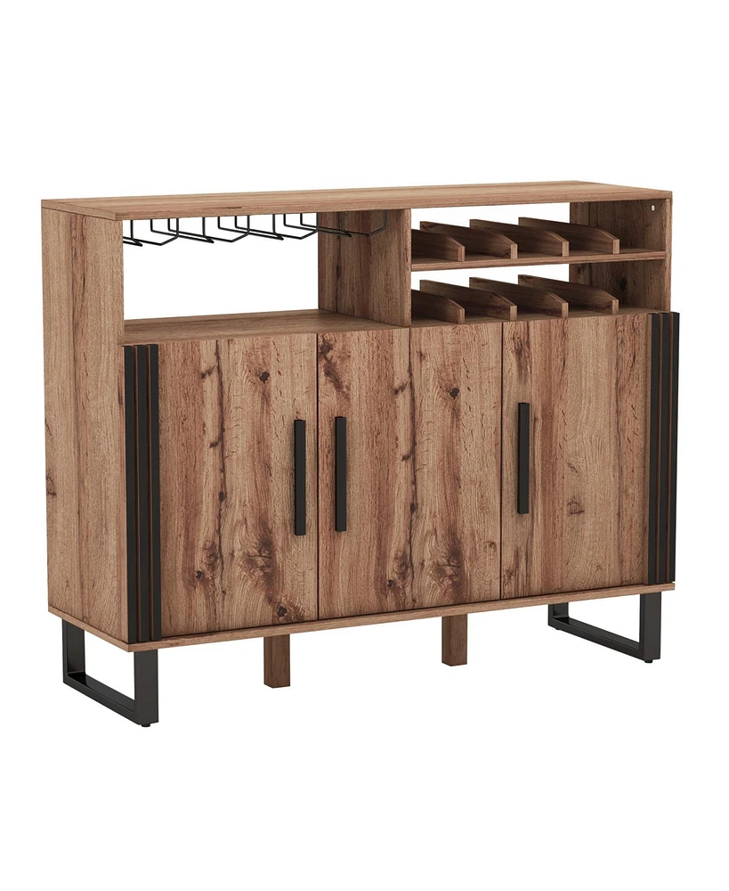 Slickblue Home Wine Bar Cabinet with 3 Doors and Adjustable Shelves-Brown