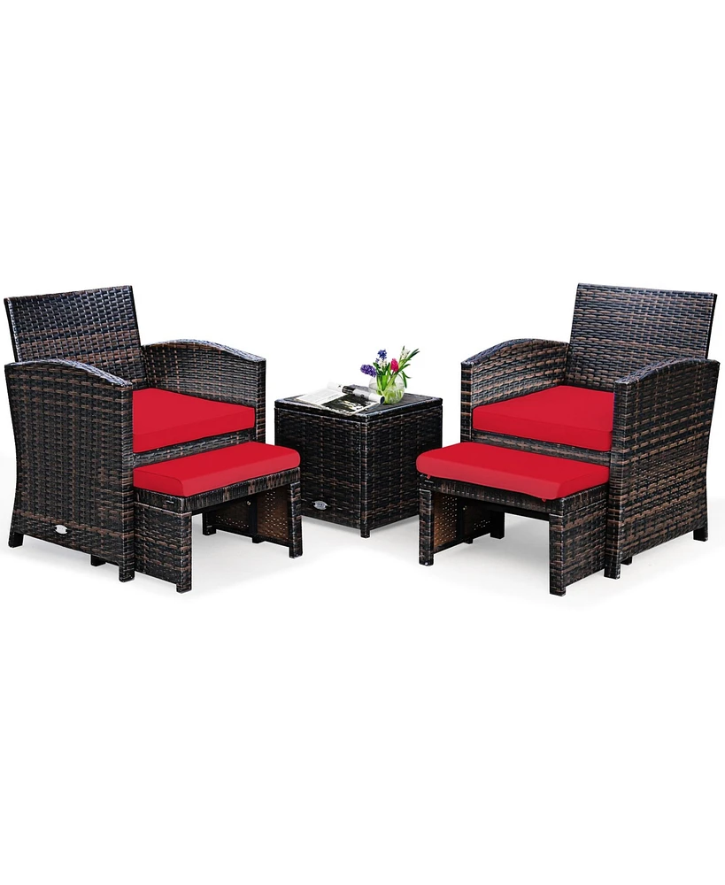 Gymax 5PCS Rattan Patio Furniture Set Chair & Ottoman Set w/ Red Cushions