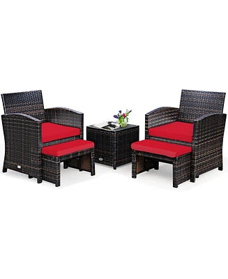 Gymax 5PCS Rattan Patio Furniture Set Chair & Ottoman Set w/ Red Cushions