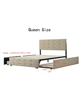 Streamdale Furniture Queen Size Upholstered Platform Bed with Twin Trundle and 2 Storage Drawers Underneath, Linen Fabric with Wood Slat, for Bedroom,