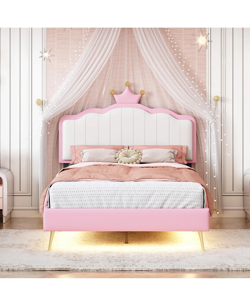 Simplie Fun Twin size Upholstered Princess Bed With Crown Headboard, Twin Size Platform Bed with Headboard and Footboard with Light Strips, Golden Met