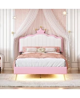 Simplie Fun Twin size Upholstered Princess Bed With Crown Headboard, Twin Size Platform Bed with Headboard and Footboard with Light Strips, Golden Met