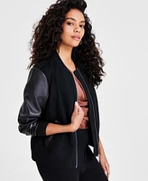 Bar Iii Petite Mixed-Media Bomber Jacket, Created for Macy's