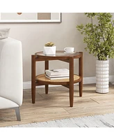 Slickblue Rattan Round Side End Table with Tempered Glass Tabletop