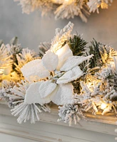 Glitzhome Set of 2 9ft Pre Lit Snow Flocked Greenery Pine Poinsettia Christmas Garland, with 50 Warm White Lights with Timer, Three Function