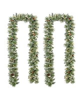 Glitzhome Set of 2 9ft Pre Lit Frosted Greenery Pinecones Christmas Garland, with 50 C3 Clear Light Emitting Diode Lights and Timer, Three Function