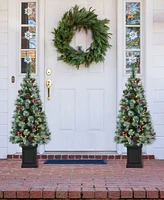 Glitzhome Set of 2 4ft Pre Lit Pine Artificial Christmas Porch Tree with 80 Warm White Lights, Pinecones and Red Berries