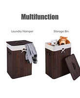 Costway Rectangle Bamboo Hamper Laundry Basket Washing Cloth Bin Bag Lid