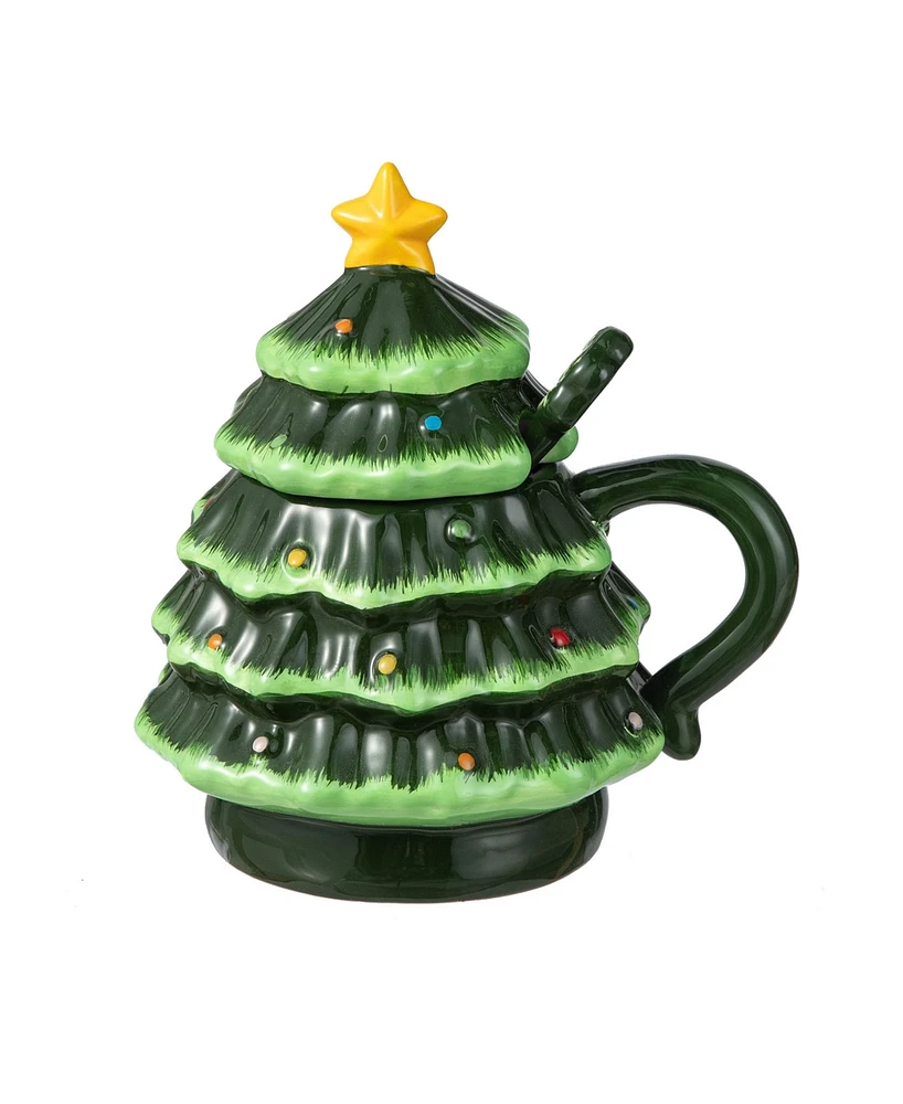 Glitzhome 6.5 H Christmas Ceramic Tree Mug with Lid and Spoon