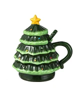 Glitzhome 6.5 H Christmas Ceramic Tree Mug with Lid and Spoon