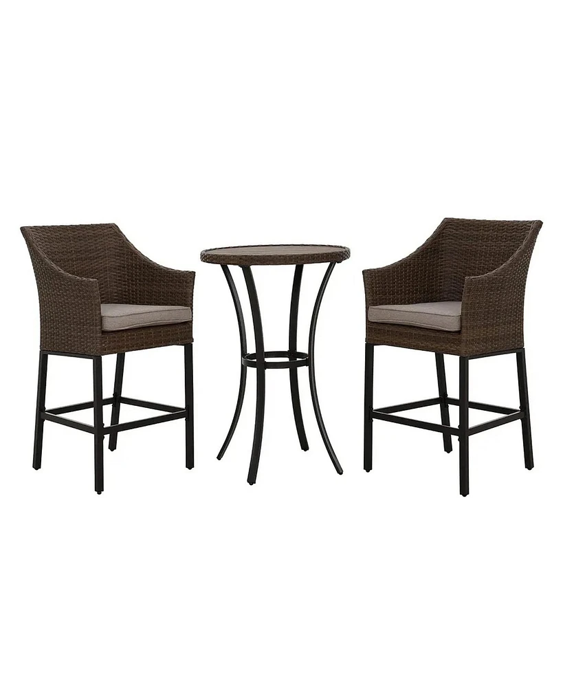Mondawe 3-Piece Pe Rattan Wicker Patio Conversation Set Outdoor High Bar Chairs and Bistro Table with Gray Cushion