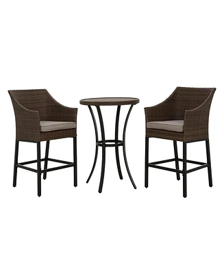 Mondawe 3-Piece Pe Rattan Wicker Patio Conversation Set Outdoor High Bar Chairs and Bistro Table with Gray Cushion