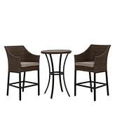 Mondawe 3-Piece Pe Rattan Wicker Patio Conversation Set Outdoor High Bar Chairs and Bistro Table with Gray Cushion