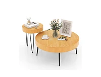 Slickblue 2 Set of Wooden Coffee Table with Metal Legs and Adjustable Foot Pads-Radial Pattern