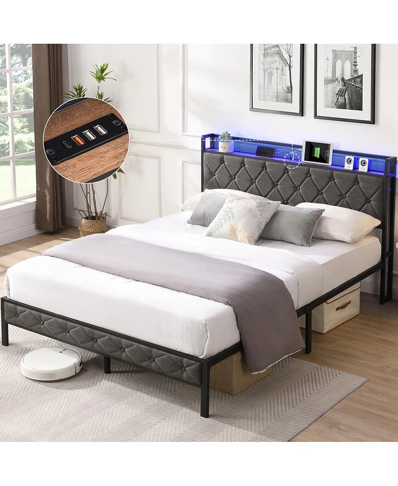 Streamdale Furniture Upholstered Queen Bed Frame with Storage and Led Lights