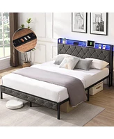 Simplie Fun Upholstered Queen Bed Frame with Storage and Led Lights