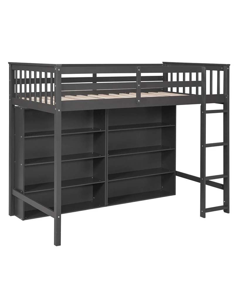 Simplie Fun Twin Size Loft Bed With 8 Open Storage Shelves And Builtin Ladder