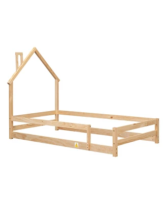 Simplie Fun Twin Size Wood Bed With Houseshaped Headboard Floor Bed With Fences, Natural