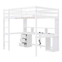 Full Size Loft Bed With Multi-Storage Desk, Led Light And Bedside Tray, Charging Station