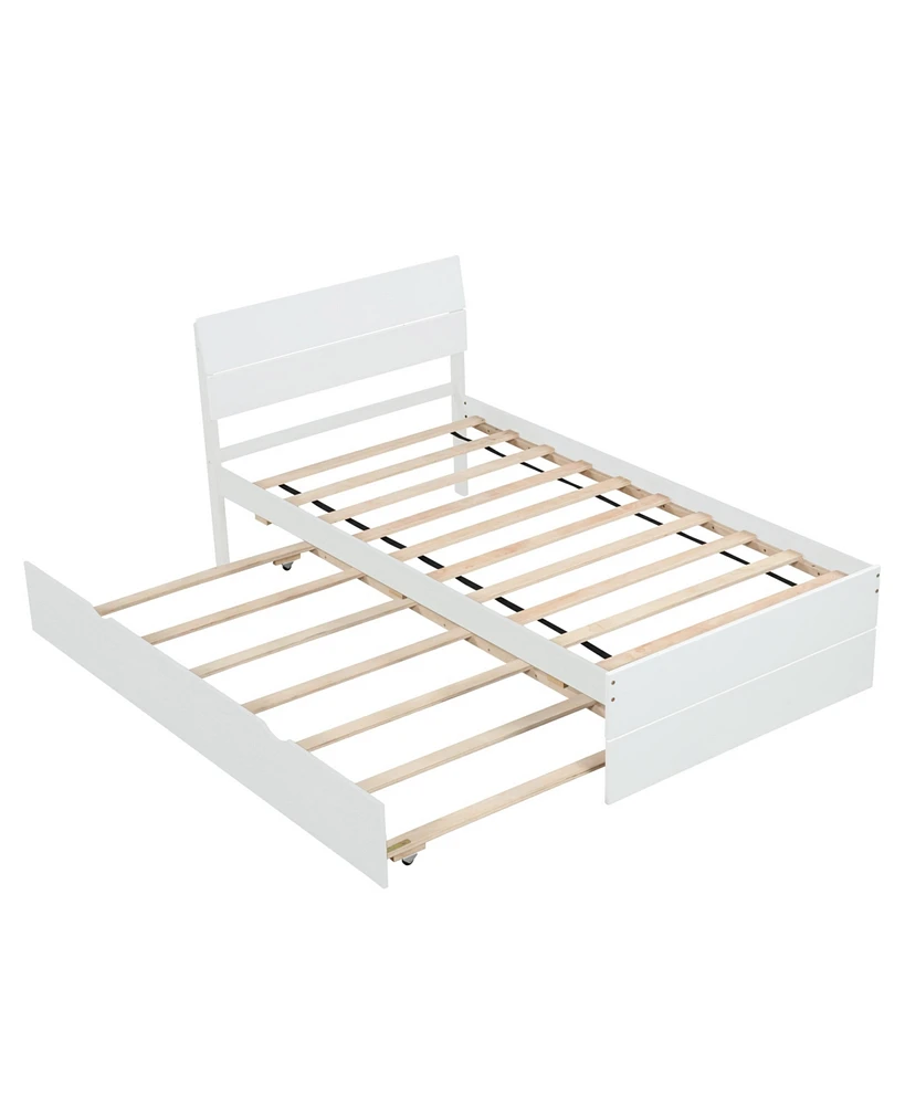 Simplie Fun Modern Twin Bed Frame with Trundle, White Gloss Finish