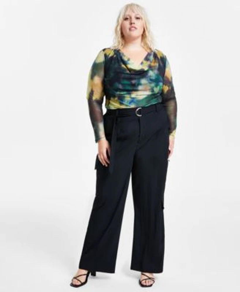 Bar Iii Trendy Plus Size Printed Cowl Neck Mesh Top Belted Cargo Pants Created For Macys