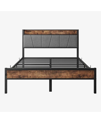 Simplie Fun Vintage Brown & Gray Full Size Bed Frame with Storage Headboard, Charging Station & Easy Assembly