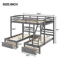 Full Over Twin & Twin Bunk Bed, Triple Bunk Bed With Drawers