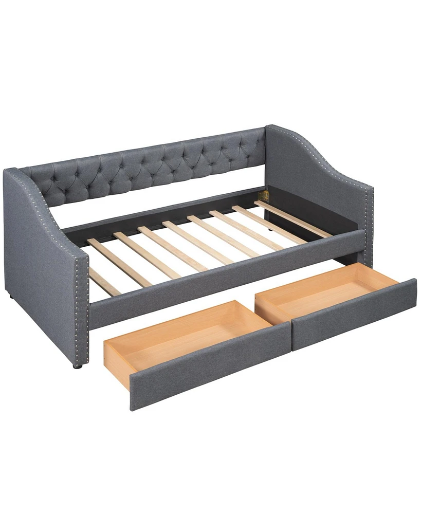 Simplie Fun Upholstered Twin Size Daybed With Two Drawers, Wood Slat Support