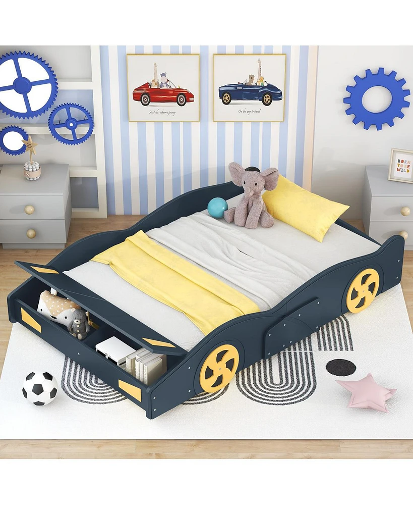 Simplie Fun Full Size Race Car-Shaped Platform Bed With Wheels And Storage, Dark Blue+Yellow