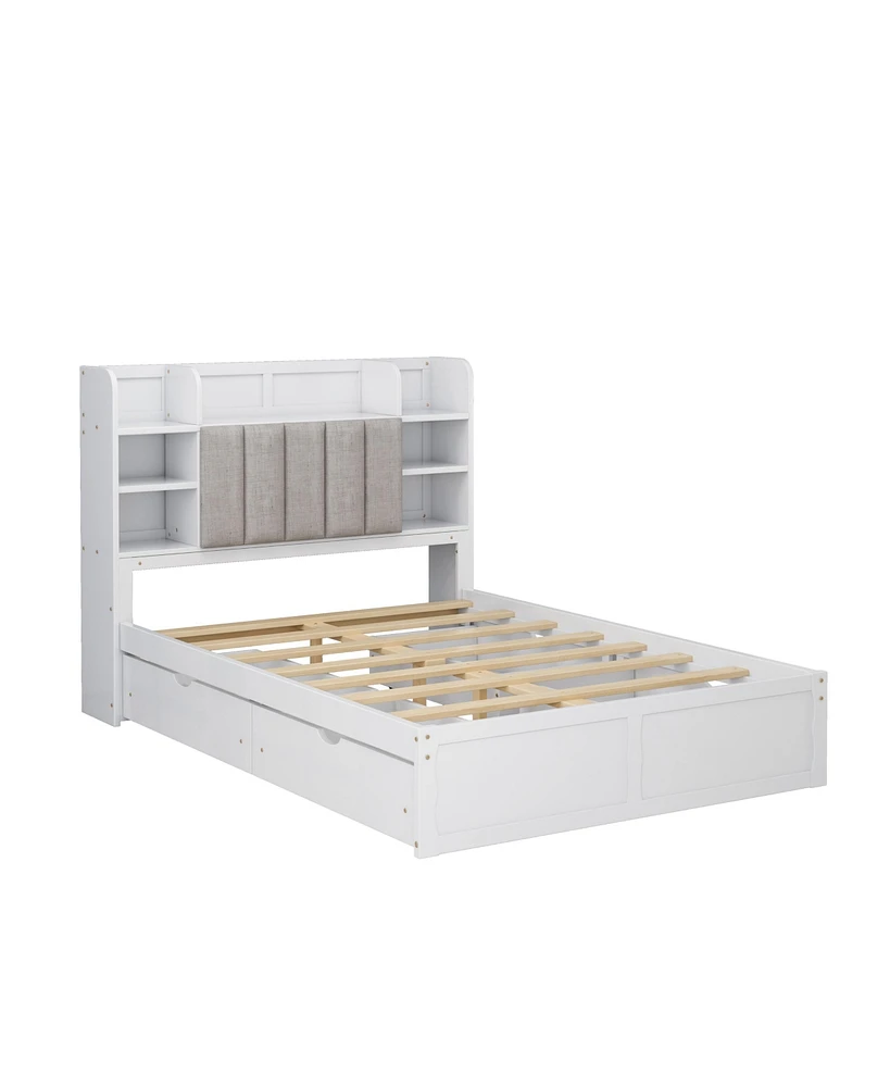 Simplie Fun Full Size Bed Frame with Storage and Shelves, White