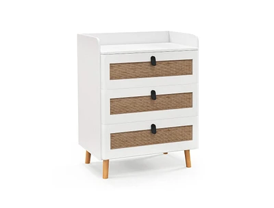 Slickblue Modern End Table with 3 Rattan Decorated Drawers-White