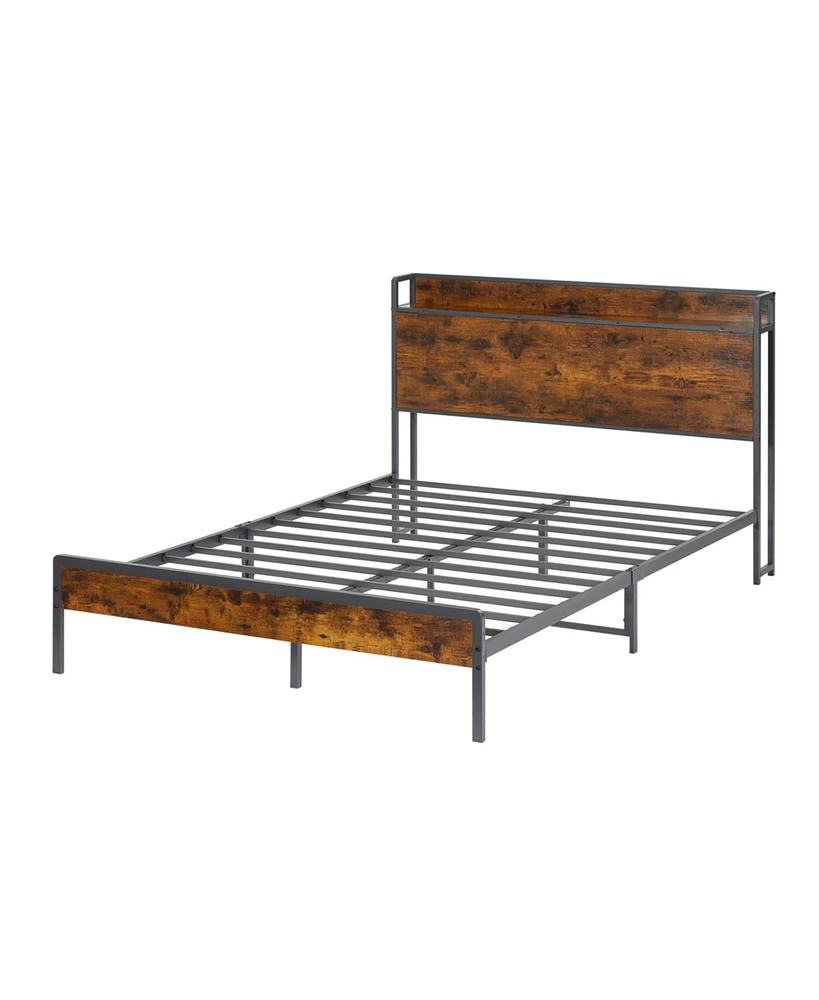 Simplie Fun Bed Frame With Charging Station Full Size, Rustic Brown, 83.1" L X 56.1" W X 39" H