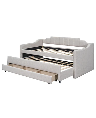 Simplie Fun Twin Size Upholstered Daybed With Trundle And Three Drawers