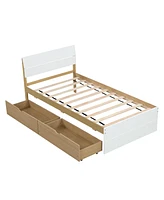 Simplie Fun Modern Twin Bed Frame with High Gloss White and Oak Finish