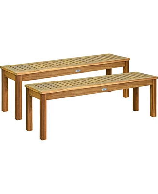 Gymax Set of 2 Acacia Wood Bench Dining Bench Patio Garden w/ Slatted Seat Indonesia Teak