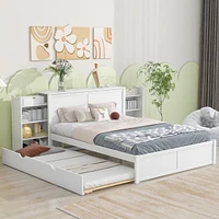 Queen Size Storage Platform Bed With Pull Out Shelves And Twin Xl Size Trundle