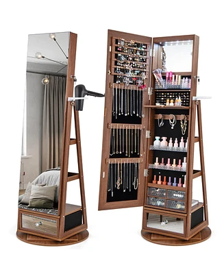 Slickblue Lockable 360° Swivel Jewelry Cabinet with Full-Length Mirror Led Lights