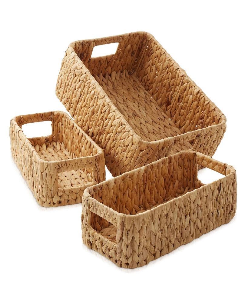 Casafield Water Hyacinth Storage Basket Set for Shelves - 1-Large, 2-Small Woven Bin Organizers with Handles Natural