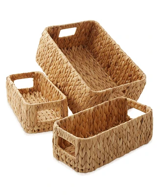 Casafield Water Hyacinth Storage Basket Set for Shelves - 1-Large, 2-Small Woven Bin Organizers with Handles Natural