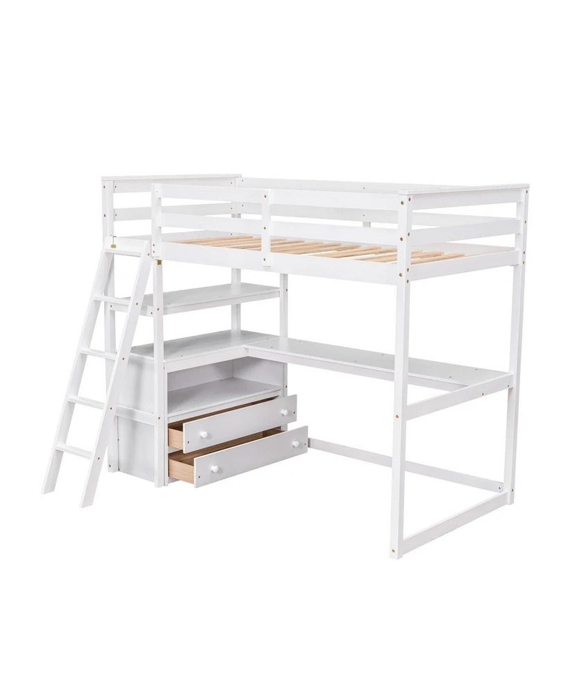 Simplie Fun Twin Size Loft Bed With Desk And Shelves, Two Built-In Drawers