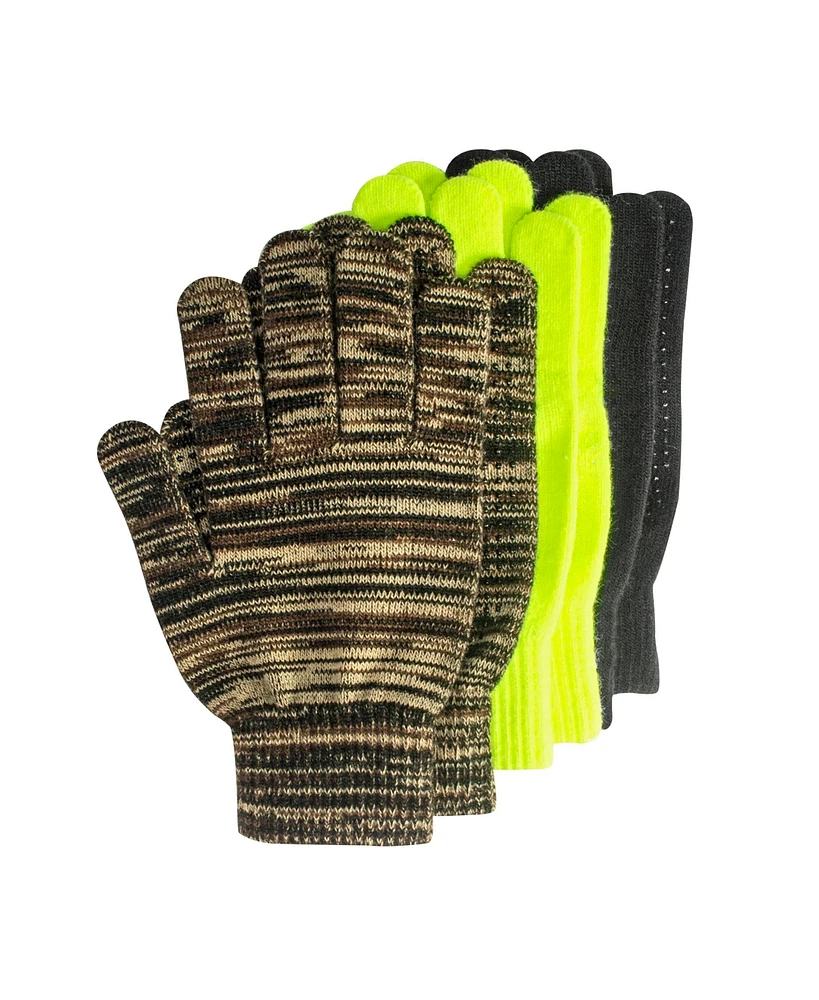 Muk Luks Men's 3-pair Pack Grip Dot Assorted Gloves, Camo/Black/Loden, One Size