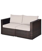 Gymax 2PCS Rattan Corner Sofa Set Patio Outdoor Furniture Set w/ 4 Beige Cushions