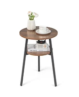 Slickblue 2-Tier Round End Table with Open Shelf and Triangular Metal Frame